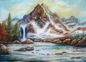 utopian mountainside, pastel mountain paintings, fantasy mountains, fantasy mountain paintings,