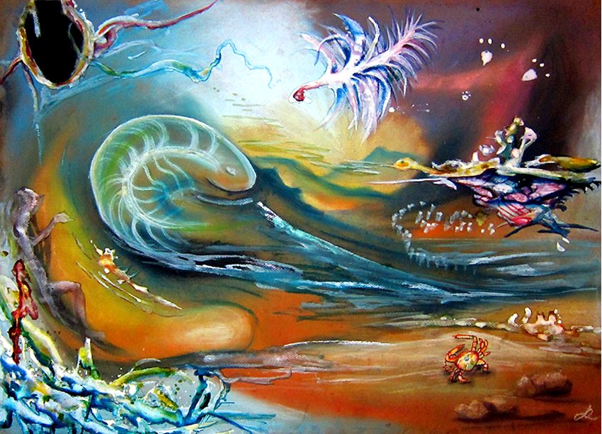 Celebration, seashore, surreal marine pastel paintings, joy